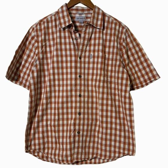 Carhartt Men's Button Up Shirt Plaid Outdoor Logo Camp Orange White Size XL - Picture 1 of 7